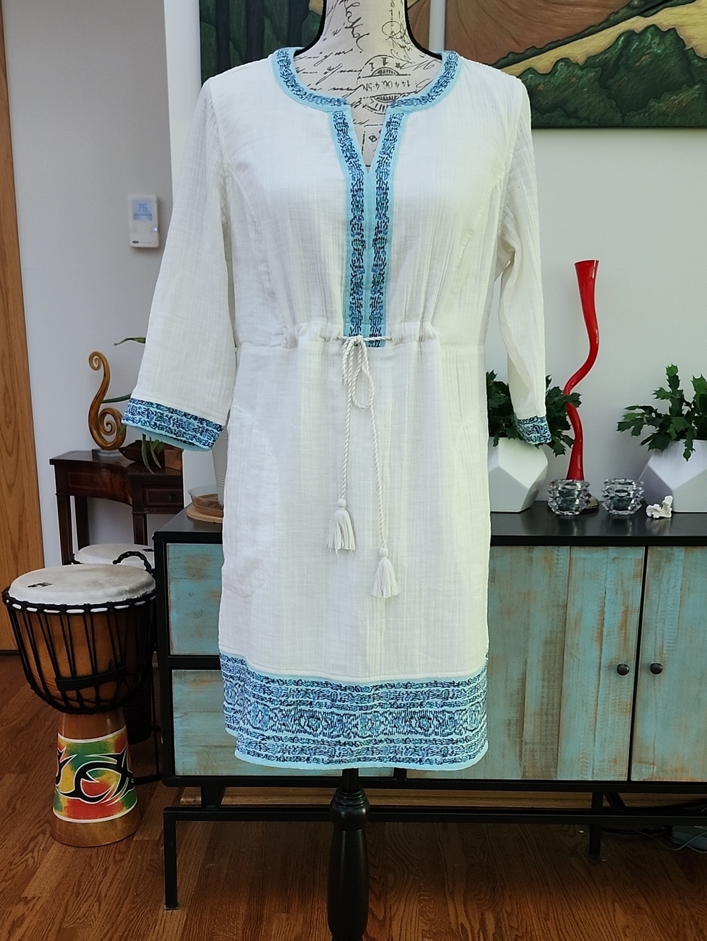 J. Jill Positano Tie-Waist Embroidered Gauze Dress - NWT